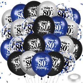 24Pcs Blue 80th Birthday Balloons Navy Blue Black Silver Happy 80th Birthday Latex Balloons Confetti Balloons for Men Women 80th Birthday Anniversary Party Decorations Supplies 12 inches