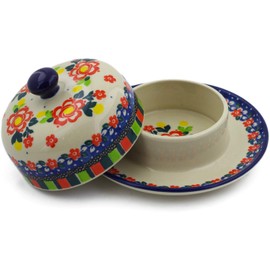 Polish Pottery 5¾-inch Dish with Cover made by Ceramika Artystyczna (Floral Puzzles Theme) Signature UNIKAT + Certificate of Authenticity