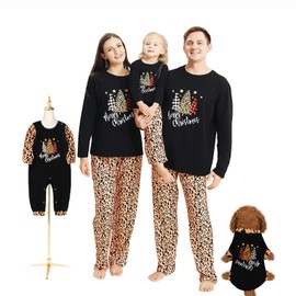 Family Matching Christmas Pajamas Set Long Sleeve Top and Pants PJs Sleepwear (Men : M, Black+Leopard)