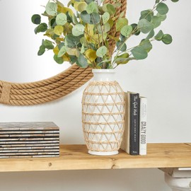 Deco 79 Ceramic Handmade Decorative Vase Centerpiece Vase with Woven Rattan Exterior, Flower Vase for Home Decoration 7" x 7" x 14", White