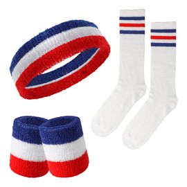 Fumwase 5 Pcs Sweatbands Striped Socks Set Headbans Wristbands Striped-Tube Socks 80s Sports Workout Sweat Bands Costume Accessory Pride Outfits for Women Men