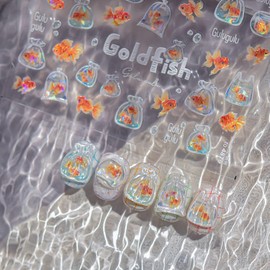 Jelly Nail Art Stickers Shiny Water Ripples One Bag Goldfish Design 5D Embossed DIY Manicure Decals Adhesive Slider for Women DIY Nail Art Decorations