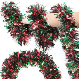 50 FT Red Green Black Christmas Tinsel Garland Metallic Twist Shiny Hanging Garland for Christmas Tree Decorations Xmas Holiday Garland for Home Indoor Outdoor Party Supplies Decor - Red Green Black