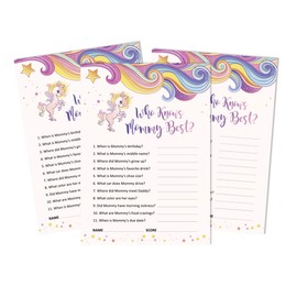 Inkdotpot 50 Pack Who Knows Mommy Best Baby Shower Game Cards Unicorn Gender Neutral Fun Activity Cards