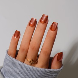 KQueenest Cat Eye Press On Nails Short Coffin, 30 Pcs Glitter Light Brown Press On Nails Summer, Sparkly Fake Nails With Glue, Glass Nails Press ons, Reusable Soft Gel Stick on Nail for Women Gift