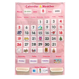 Pink Educational Calendar & Weather Pocket Chart Set for Kids - Classroom Learning Tool with 147 Double-Sided Cards, Daily Routine Tracker for Preschool to Elementary (Pink)