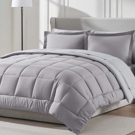 9-Piece 100% Microfiber 300 GSM Bed in a Bag Grey Lavender Fluffy Comforter Set | Modern Contemporary Reversible Soft Solid Color Pattern | Luxury Bedding Sets Wrinkle-Free Fade-Resistant - Full Size