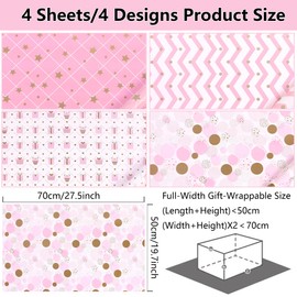 Birthday wrapping paper Gift Birthday roll, 4pcs Gift Wrap with 2 Rope, 1 Double-Side Tap, 1 Sticker, Pink Wrapping Paper for Wedding Party Mens Girls Boys(50 X 70cm)