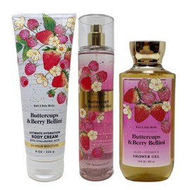 Bath and Body Work Buttercups & Berry Bellini 3 Piece Bundle - Body Cream - Fragrance Mist and Body Wash - Full Size