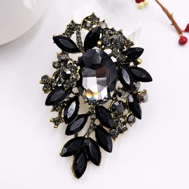 HAISWET Statement Brooch Pin Jewlery Gift Black Rhinestone Flower Accessory Retro Gold Tone