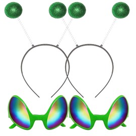 BOMJJOR 2 Pairs Alien Headband and Glasses Party Alien Rainbow Lens Sunglasses Headband for Adults and Kids (Green-4 Pcs)