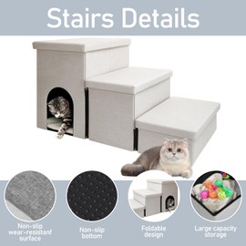 Uandhome Dog Stairs for Bed with Storage,Foldable 3-Step Pet Stairs for Small Dogs,Large Dogs & Cats,Soft Plush for Join Pain with Condo,Non-Slip Balanced Ramp for Climbing Couch,High Bed,Car(Beige)