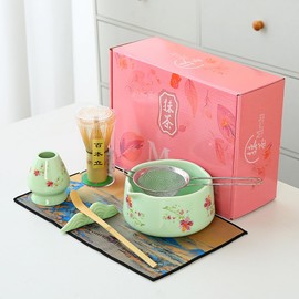 Matcha Set 7-Piece Japanese Tea Ceremony Kit with Ceramic Bowl, Bamboo Whisk & Holder, 1 Scoops, Strainer, Tea Cloth Pink gift box (green)