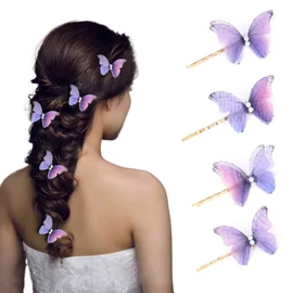 Bartosi Horquillas para el pelo, diseño de mariposas, color morado, tela de moda, alfileres de perlas decorativas, accesorios para el cabello para mujeres y niñas, paquete de 4