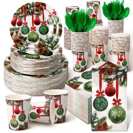 Suttmin 400 Pcs Red Green Balls Plates and Napkins for 50 Guests Baby Bridal Shower Party Decorations Disposable Dinnerware Set Disposable Plates Napkins Cups Set for Summer Christmas Party Supplies