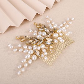 Teyglen Champagne Crystal Pearl Hair Comb Pearl Wedding Hair Comb for Bride Wedding Headpiece Bridal Hair Accessories Jewelry for Women Rhinestone Hair Piece(Champagne)