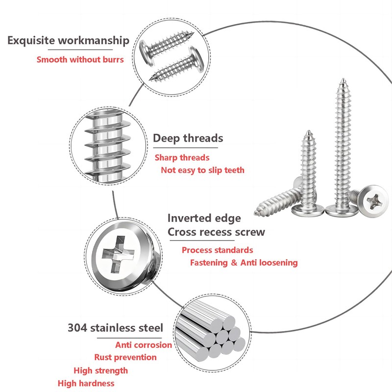 Qrity 20pcs Self Tapping Screws, 304 Stainless Steel Phillips Flat