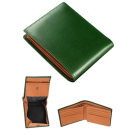 Fabrizio Men's Bifold Wallet, Box-Shaped, Coin Purse, Thin, Soft, Easy to Use, Italian Leather, Made by Leading Leather Craftsmen, Large Capacity, Genuine Leather, Shine Green