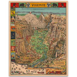 Yosemite Map from 1931 11x14 Unframed Print – Vintage Pictorial Map, Whimsical, Cartoonish Style, Highlighting Landmarks, Wildlife, and Adventure for Homes, Cabins, Classrooms, and Lodges