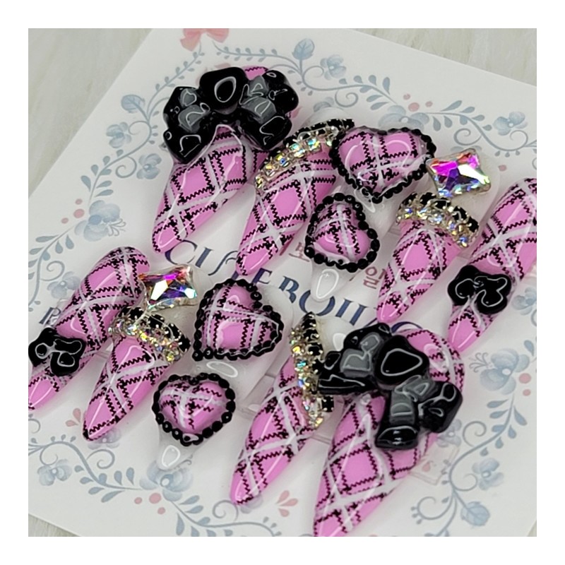 Pink Gyaru Cosplay Handmade Nail Tips - Coffin Egg /