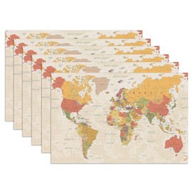 World Map Placemats Set of 6, Linen Place Mat Washable Stain Resistant Table Mats for Farmhouse Kitchen Dining Holiday Party Wedding Decor 12x18 Inch