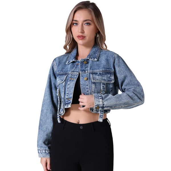 CIMUK Women's Cropped Denim Jacket Long Sleeve Button Down Washed