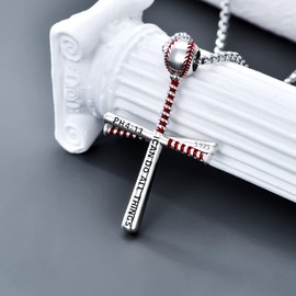 PDTJMTG Baseball Cross Necklace Sterling Silver Cross Necklace with 22”+2” Stainless Steel Chain Gift for Boys Men