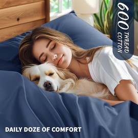 Shilucheng 100% Cotton Sheets Set Fits 18"-24" in Deep Mattress - 600 Thread Count, Extra Deep Pocket Hotel Luxury Egyptian Cotton Bed Sheet Sets - Breathable & Cooling - 4 Piece (Navy Blue, Queen)