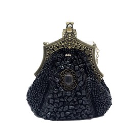 CORIOS Vintage 1920s Evening Bag Women's Floral Clutch Bag Handmade Pearl Handbag Elegant Shoulder Bag Chain Shoulder Bag Small Bag for Wedding Prom Banquet Party, black, Retro