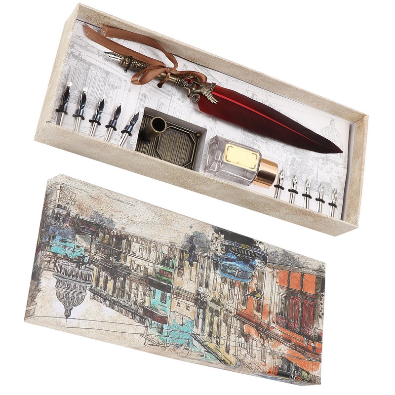 Feather Pen Set Vintage Creativity Ink Carving Writing Suit for