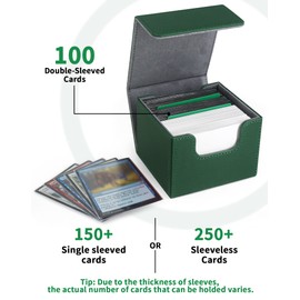 ZLCA Card Deck Box with 2 Dividers for MTG Cards, Large Horizontal Card Storage Box Fits 150+ Single Sleeved Cards, PU Leather Commander Deck box for TCG CCG (Green)
