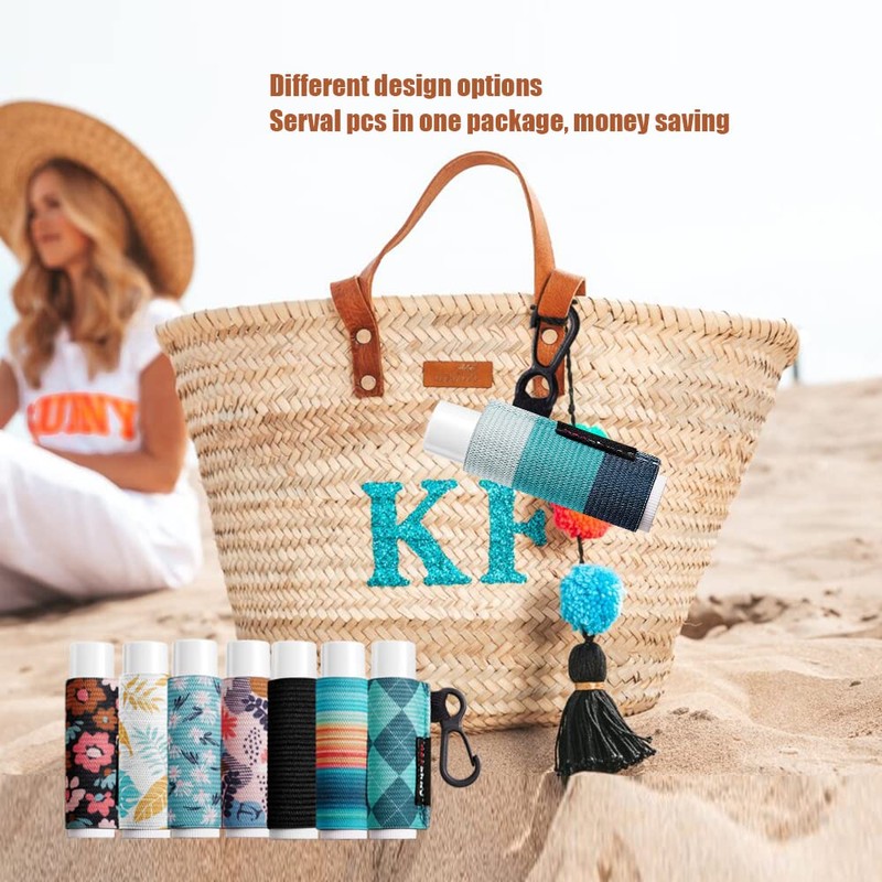 HEYSKAY Lip Balm Holder Sleeves Keychain Chapstick Elastic Sleeves(Black/Color strip/Geometrical