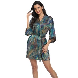 season dressing Women's Floral Satin Kimono Robes Bridesmaid and Bridal Short Silky Robe Sleepwear for Wedding Party, Peacock 2XL