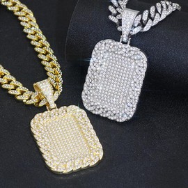 1pc Iced Out Dog Tag Pendant With Cuban Link Chain, Fashionable Hip Hop Jewelry, Unisex Sparkling Necklace Gift - Color: silver