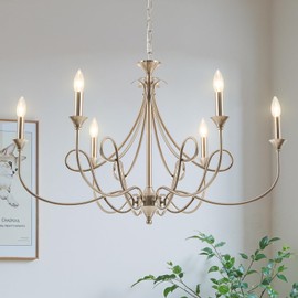 Afirstcght Modern Brushed Nickel Chandelier, 6-Lights Candle Dining Room Light Fixture 36.6in Farmhouse Chandeliers Metal Pendant Lights for Living Room Bedroom Entryway Kitchen Island