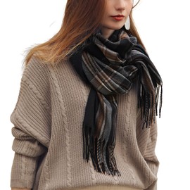Rayson Scarf for Women Imitation Cashmere Winter Warm Cape Reversible Checked Thickened Medium Length Elegant Stole with Tassels, black