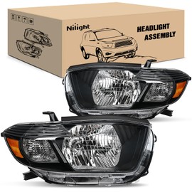 Nilight Headlights Assembly for Toyota Highlander 2008 2009 2010 Headlamp Black Housing Amber Reflector