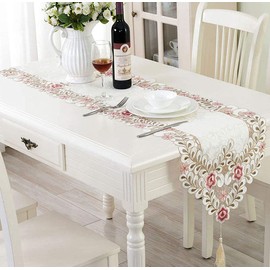 LeLehome 15 X 69 Inch Lace Table Runner, Flowers Embroidery Floral Washable Fabric Table Top for Party Wedding Home Decoration - Dark Rose