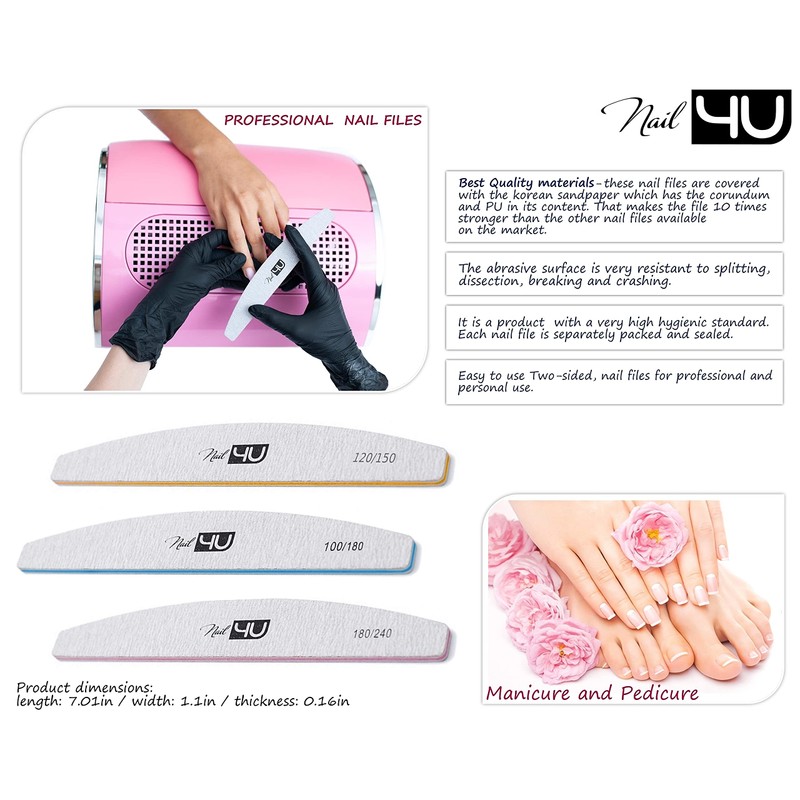 Set of 3 Nail Files Half Moon Professional Emery Boards