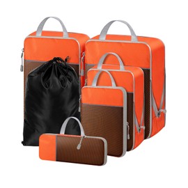 NMNGB Compression Packing Cubes for Carry on Suitcase, 6 Set Travel Luggage Packing Organizer Bag with Mesh, Extensible Luggage Suitcase, Multifunction Organisers, Orange