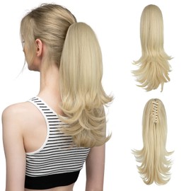 CJL HAIR 14 Inch Claw Clip in Beach Blonde Ponytail Extension Synthetic Curly Wavy Fake Faux Hair Pony Tail Hair Piece High Temperature Fiber Hairpieces for White Women Girls Kids (Beach Blonde)