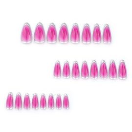 MERVF Almond Press on Nails Medium Fake Nails Pink Aura Gradient Glue ons Sliver Edge Design Stiletto Acrylic Y2K Nail Manicure Supplies DIY Glossy 24pcs