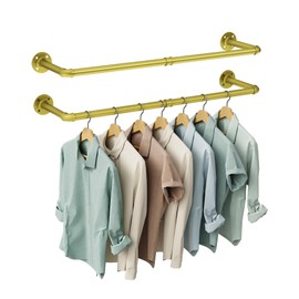 OROPY Industrial Pipe Clothes Rack Wall Mounted Set of 2, 38.4 inches Heavy Duty Iron Pipe Clothing Garment Rail, Multi-Purpose Clothing Hanging Rod for Laundry Room and Closet Storage, Gold