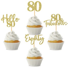 48 piezas de adornos para cupcakes de 80 cumpleaños, con purpurina, Hello 80 cupcakes, 80 fabulosas 80 púas para decoraciones de pasteles para feliz cumpleaños 80, boda, aniversario, fiesta, decoración de pasteles, color dorado