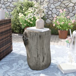 AQUILLA Rustic Stump Side Table, Light Grey Wood-Look End Table, Stump Accent Side Table Stool for Living Room