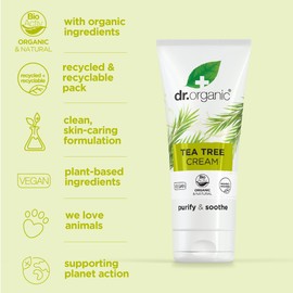 Dr Organic Tea Tree Cream, Purifying , Barrier Cream, Mens, Womens, Natural, Vegan, Cruelty-Free, Paraben & SLS-Free, Recycled & Recyclable, Organic, 50ml, Packaging may vary