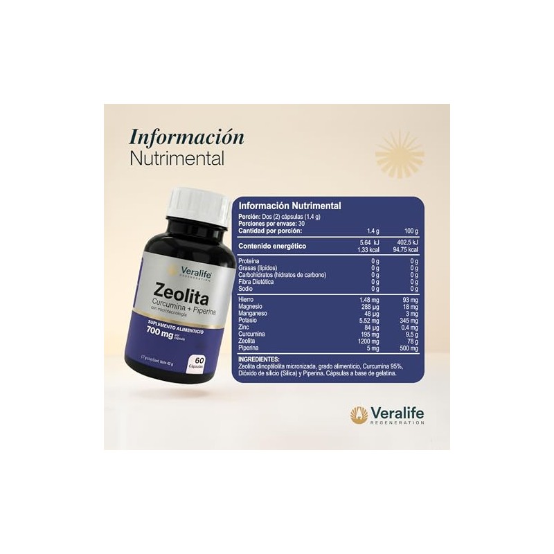 Veralife Suplemento Alimenticio Zeolita Curcumina Tabletas Nutricional Multivitaminico Hombres Mujer