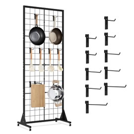 Mutualsign Grid Wall Panel Display Stand 2.1'x5.6' Ft, Movable Floorstanding Wire Grid Panel Rack with Wheels, Detachable Gridwall with Extra Hooks for Retail, Vendor Events & Craft Fairs