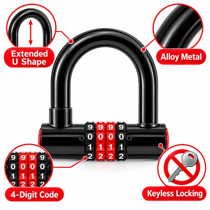 Combination U-Lock with Keyless Combination – Zinc Alloy Extended Shackle