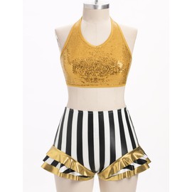 ODASDO Women Trapeze Artist Fancy Dress Circus Costume, Shiny Sequin Halter Neck Crop Top High Waist Stripes Ruffle Shorts Set Dance Outfit for Gymnastic Talent Show Stage Performace Golden S